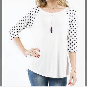 White & Navy Polka Dot 3/4 Sleeve Raglan Top, M